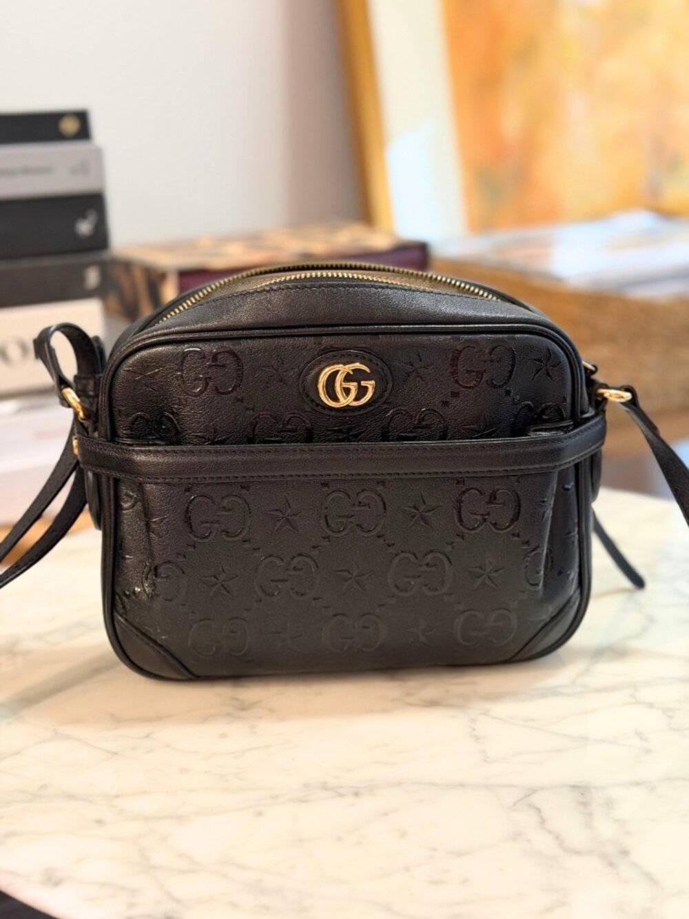 Gucci GG Star Embossed Leather Crossbody Bag Black